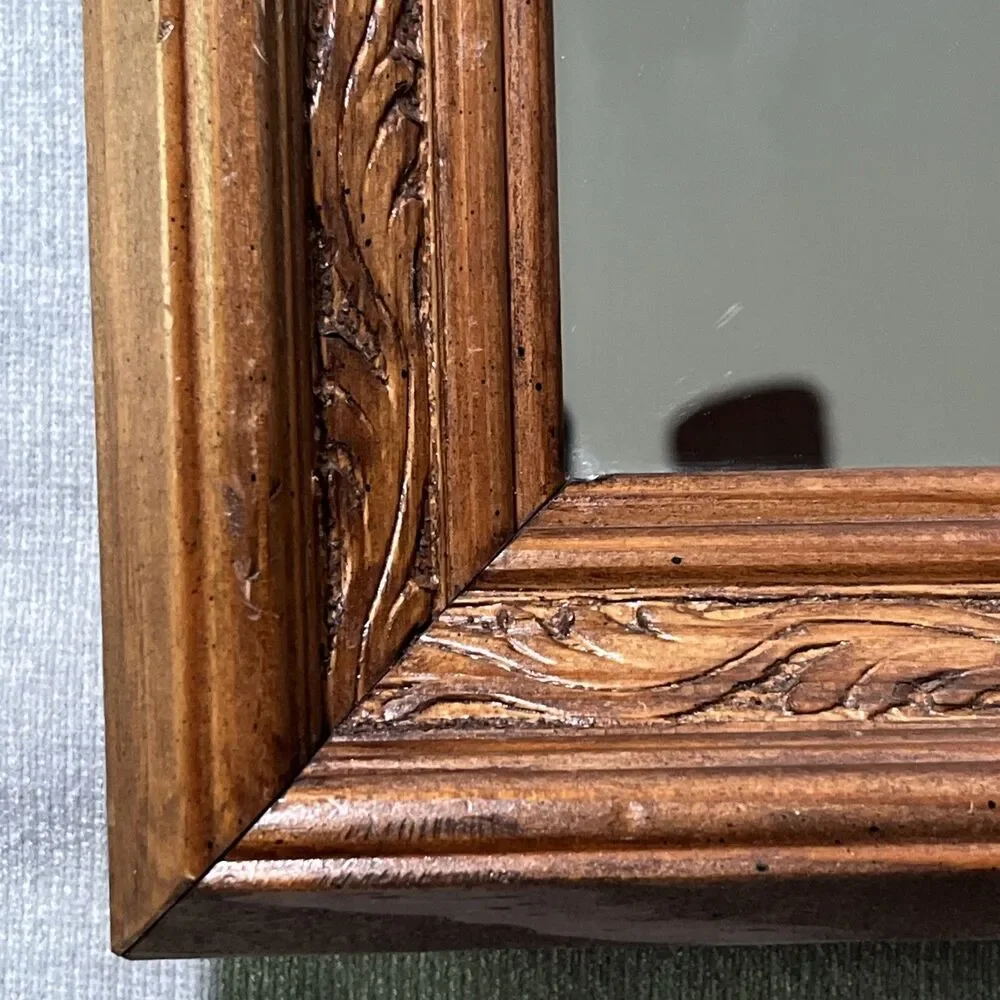 Vintage Rustic Carved Wood Square Accent Mirror Ornate 8.5 x 8.5